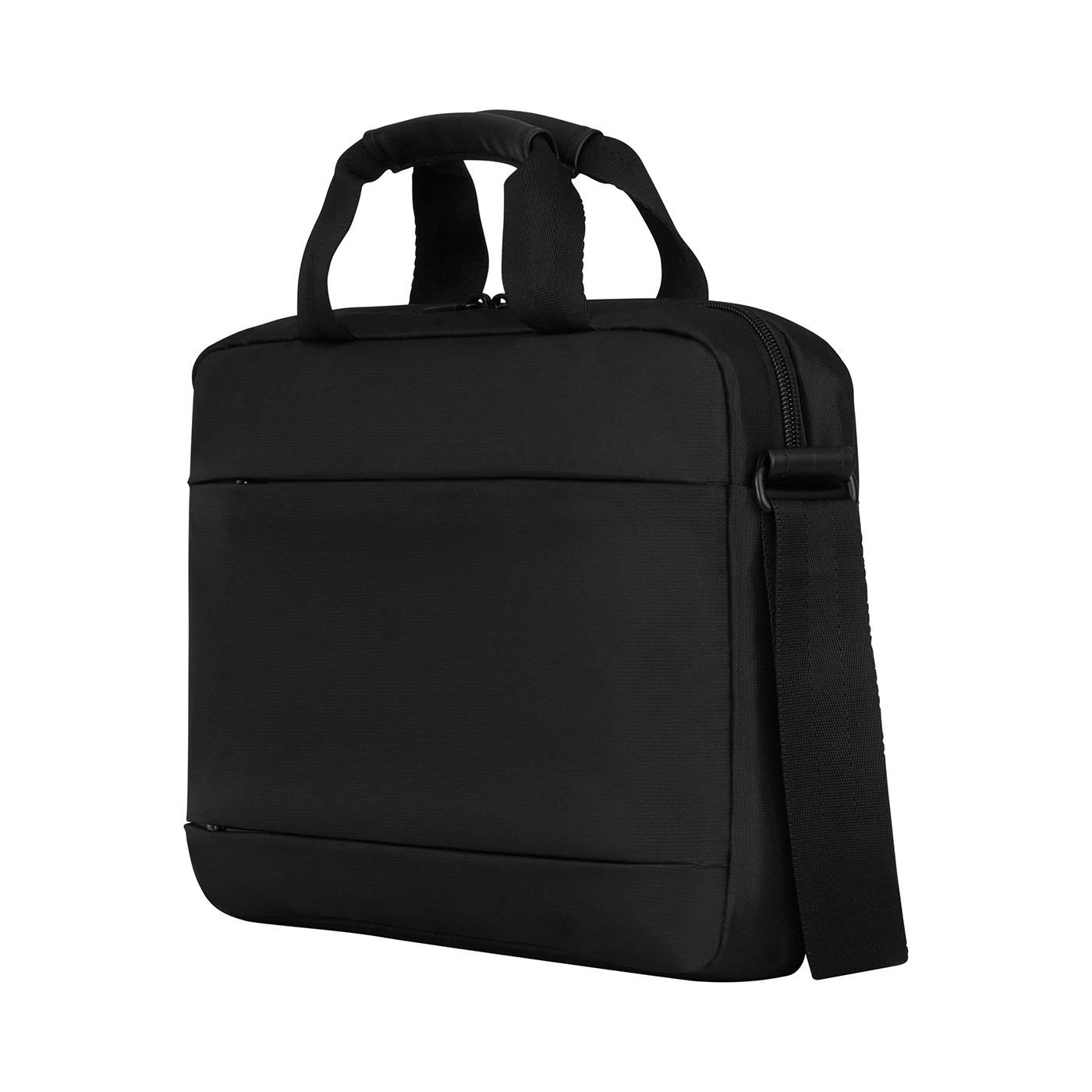 Black briefcase with handle and shoulder strap, isolated on black background