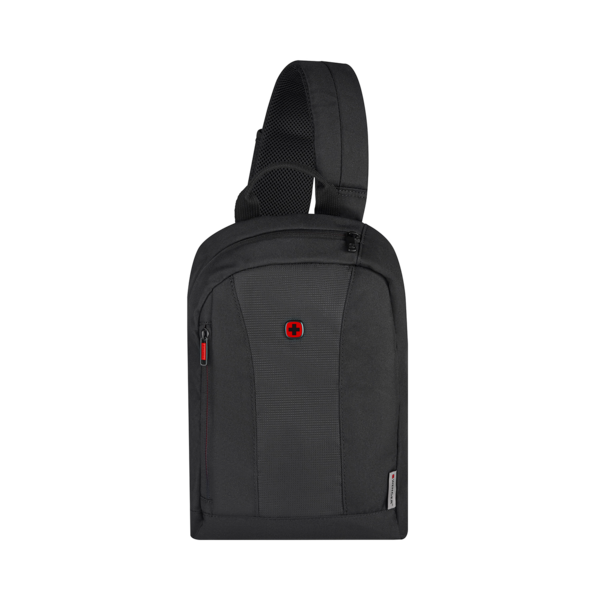 Schwarze Umhängetasche mit rotem Reißverschluss und Schweizer Kreuz Logo