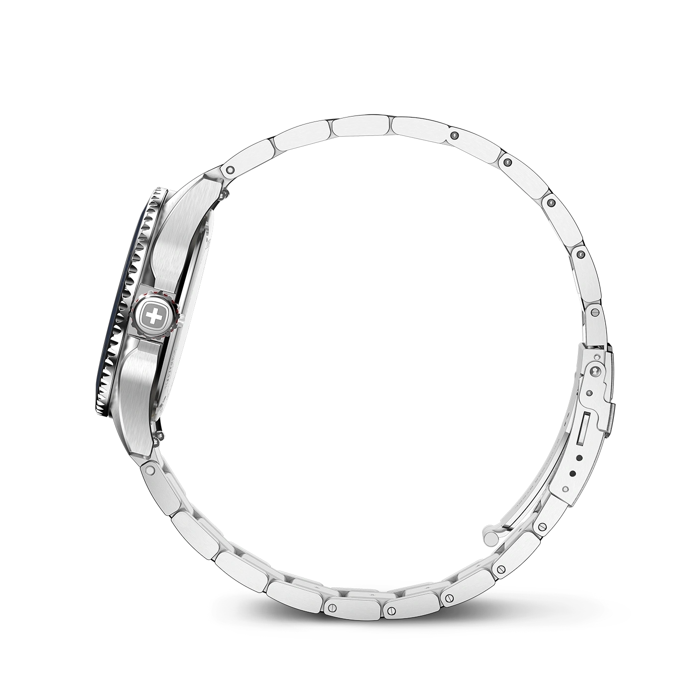 Eine silberne Armbanduhr mit einem Metallarmband im Seitenprofil.