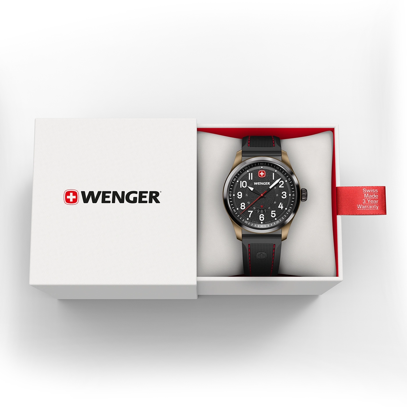 Wenger Uhr in der Box, Swiss Made, 3 Jahre Garantie, schwarzes Zifferblatt