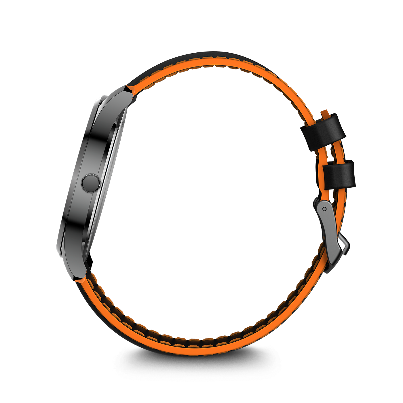 Eine Armbanduhr mit einem schwarzen und orangen Armband und einem silbernen Gehäuse.
