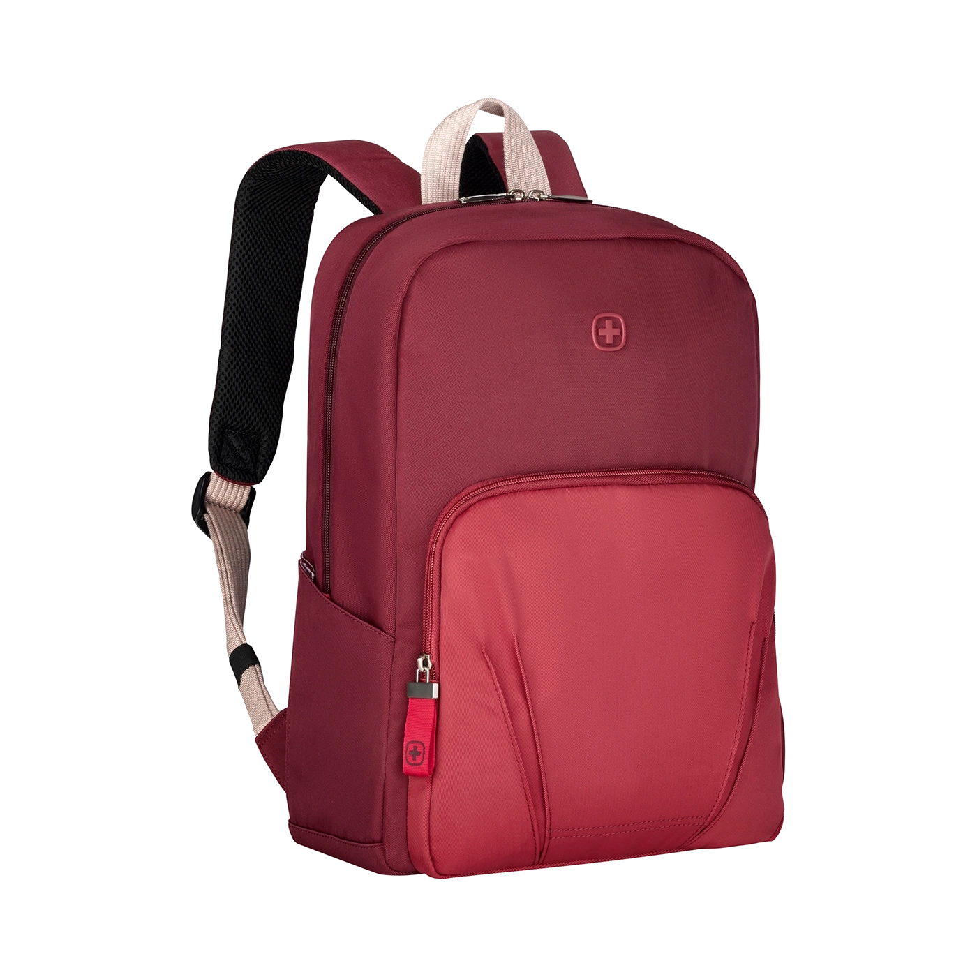 Roter Rucksack mit Reißverschluss und Schweizer Kreuz Logo