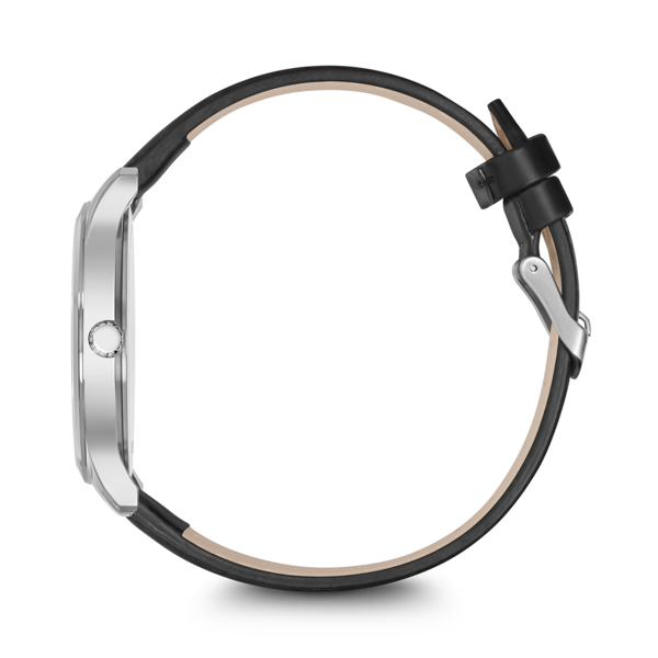 Uhr mit schwarzem Lederarmband, Seitenansicht, silbernes Gehäuse, schwarzer Hintergrund