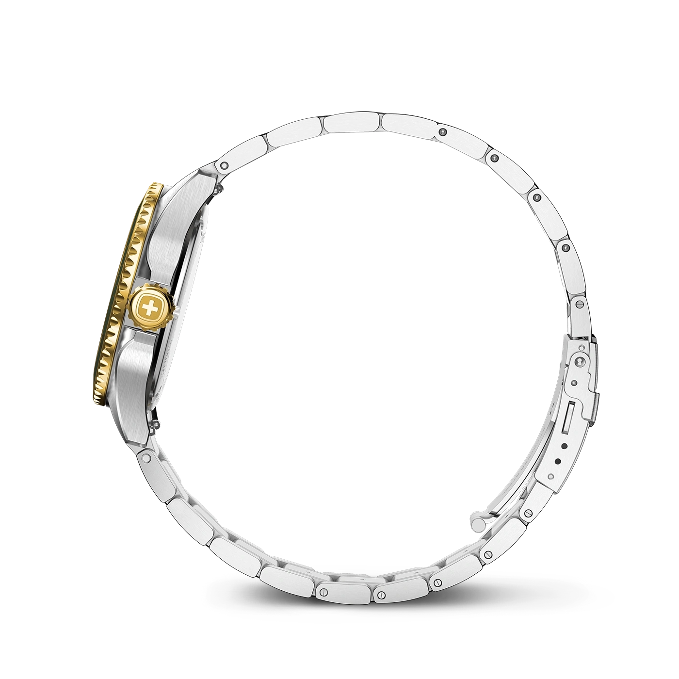 Ein silbernes Armband mit goldenem Zifferblatt und einem Kreuzsymbol.