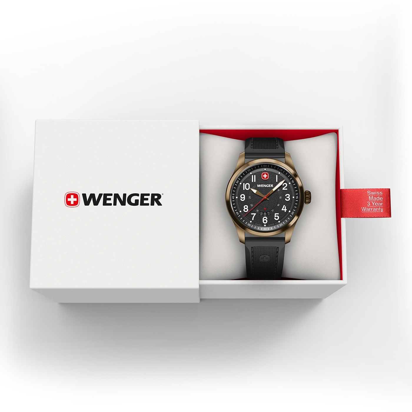 Wenger watch in box, Swiss made, 3 year warranty, black dial, gold case