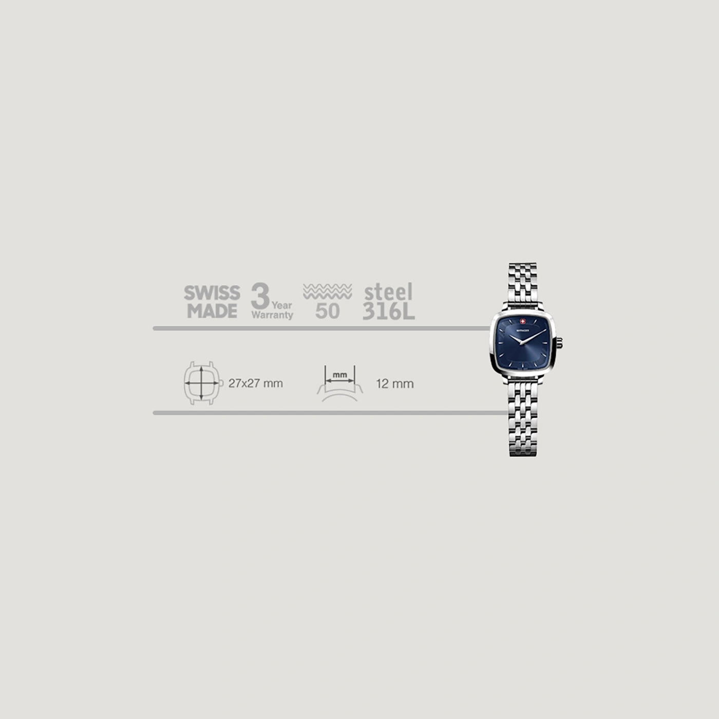 Schweizer Uhr, Stahl, 3 Jahre Garantie, 27x27 mm, 12 mm, 50 m wasserdicht