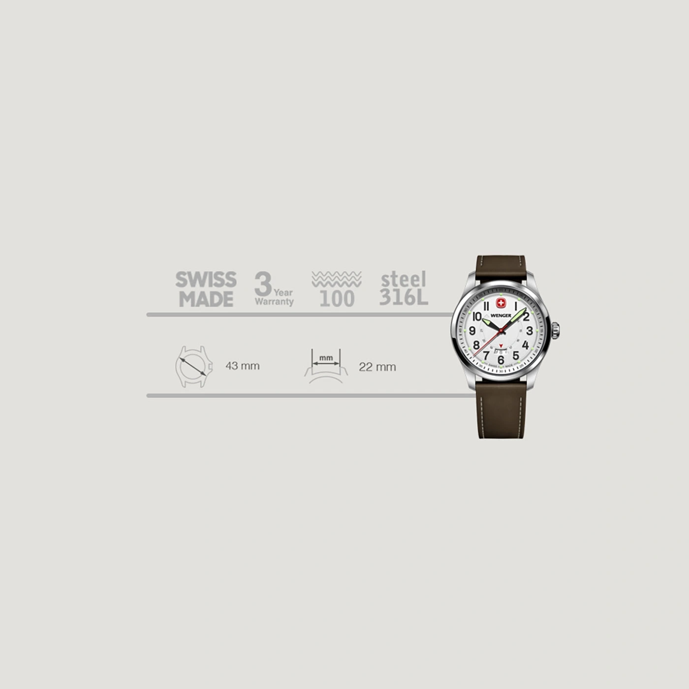 Wenger watch, Swiss Made, 3 year warranty, steel, 100m water resistant, 43mm case