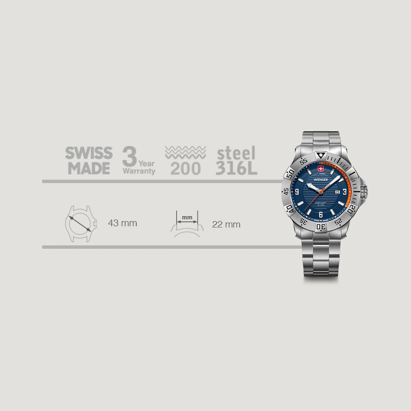 Wenger Uhr, Swiss Made, 43mm Gehäuse, 200m wasserdicht, Stahl, 3 Jahre Garantie.