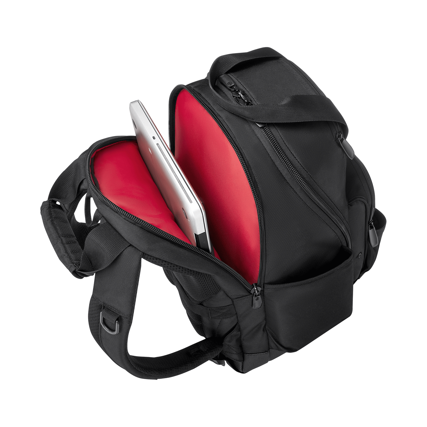 Sac à dos noir doublé de rouge avec un ordinateur portable