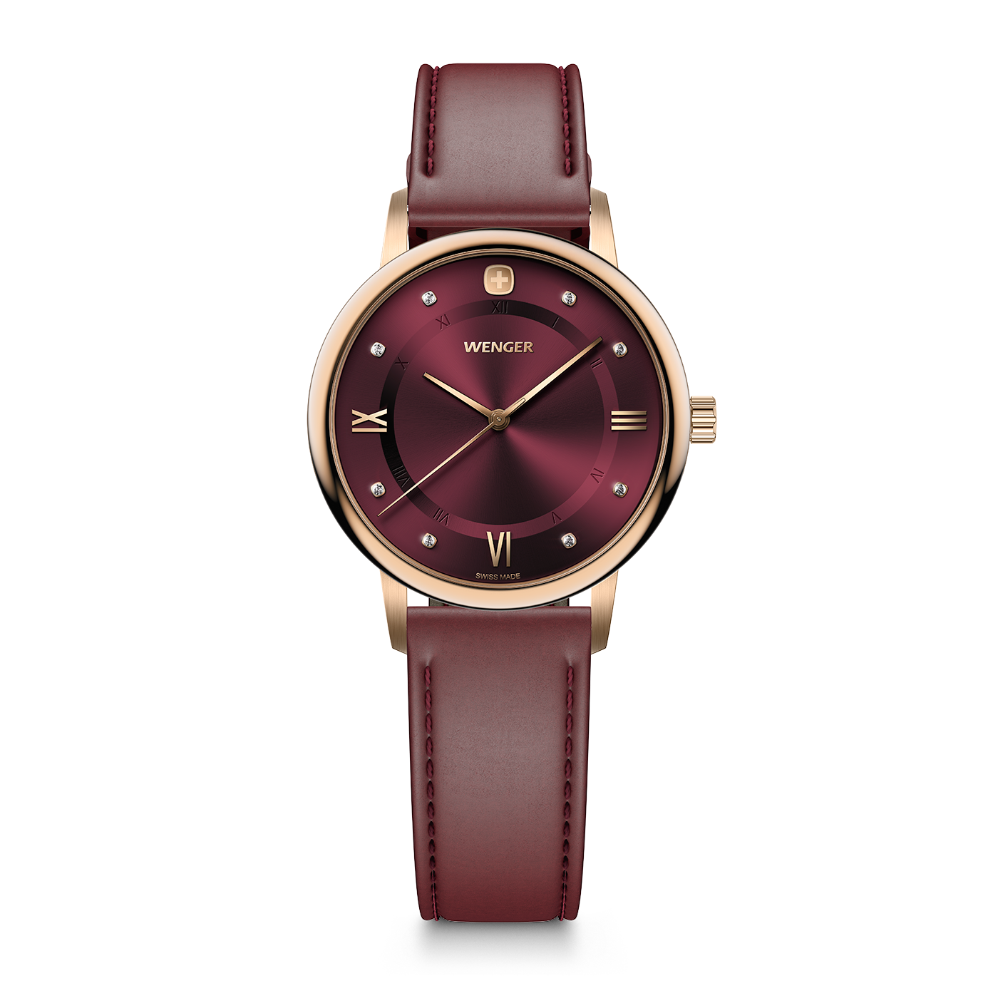 Une montre Wenger pour femme bordeaux avec des accents dorés et un bracelet en cuir