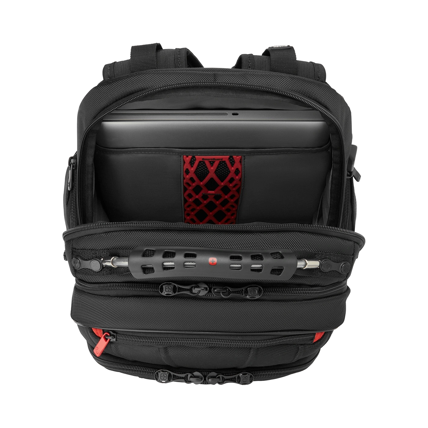 Black backpack with laptop and red detail, open view