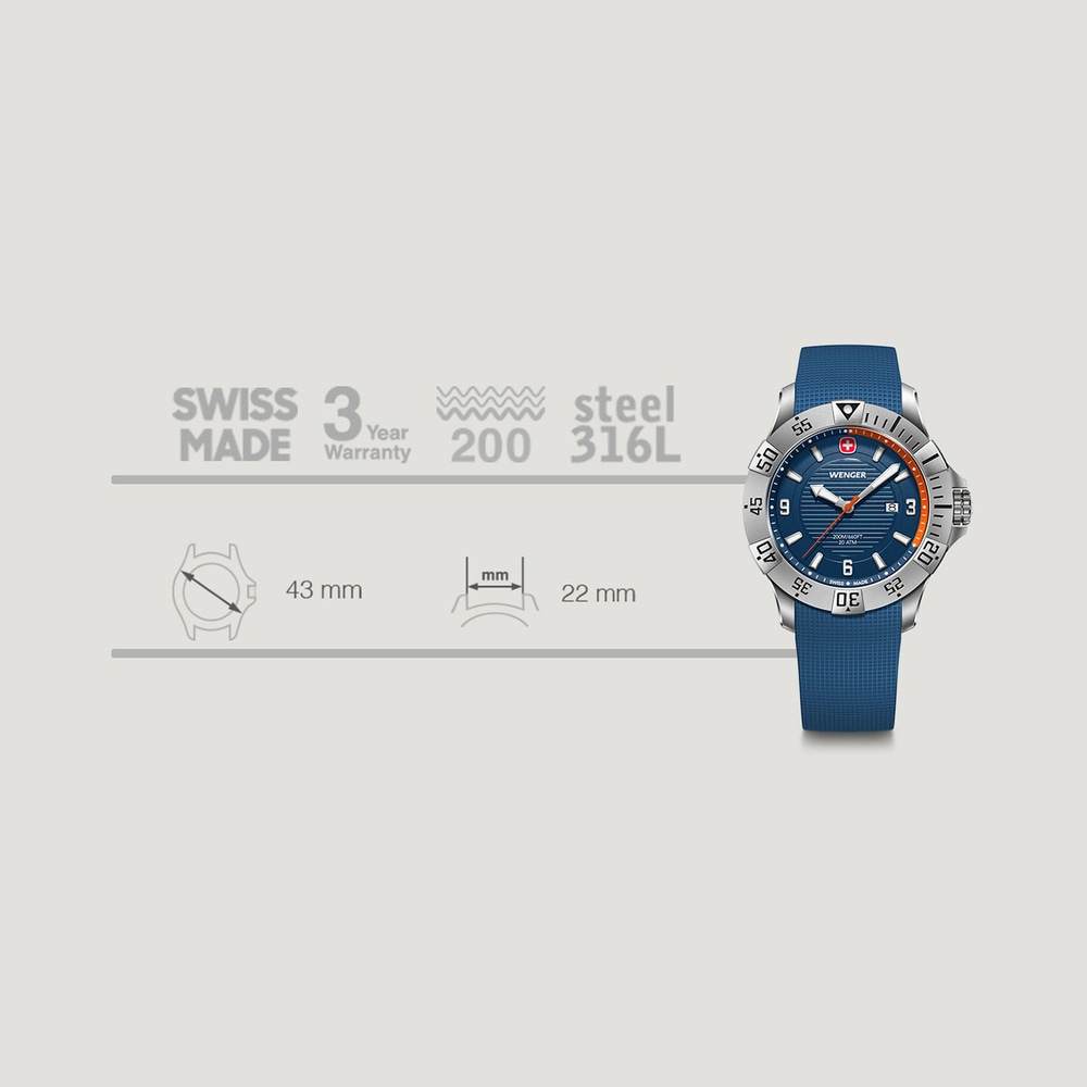 Wenger watch, blue dial, stainless steel, 43mm case, 22mm band width, 200m water resistant, Swiss Made