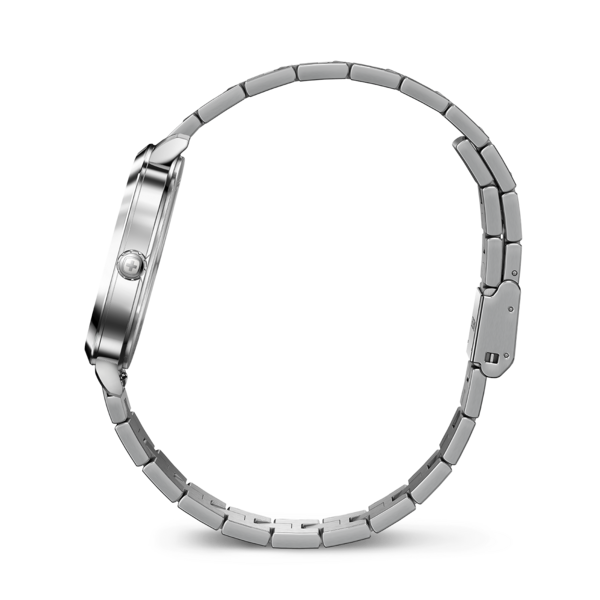 Uhr mit Metallarmband, Seitenansicht, silberfarben, elegant, modern, Accessoire