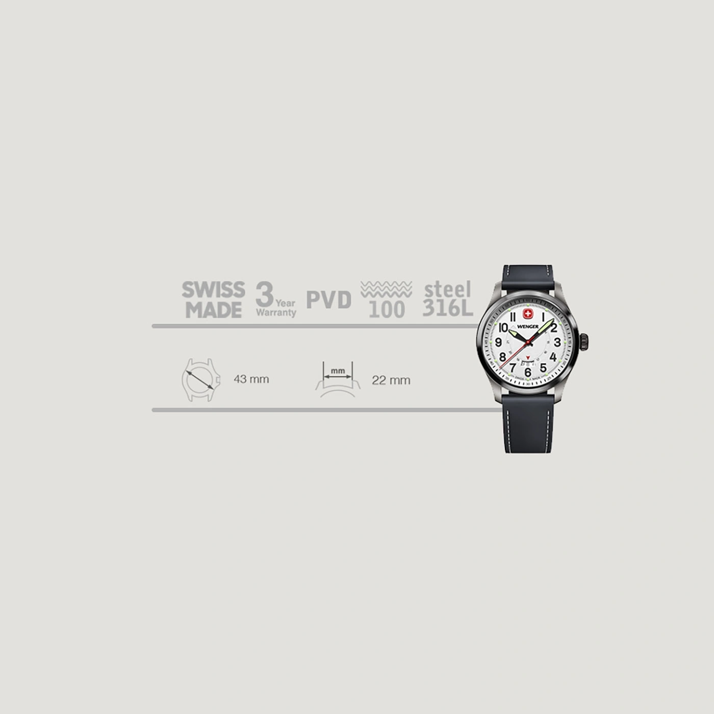 Schweizer Uhr mit schwarzem Lederarmband, 3 Jahre Garantie, Stahlgehäuse.