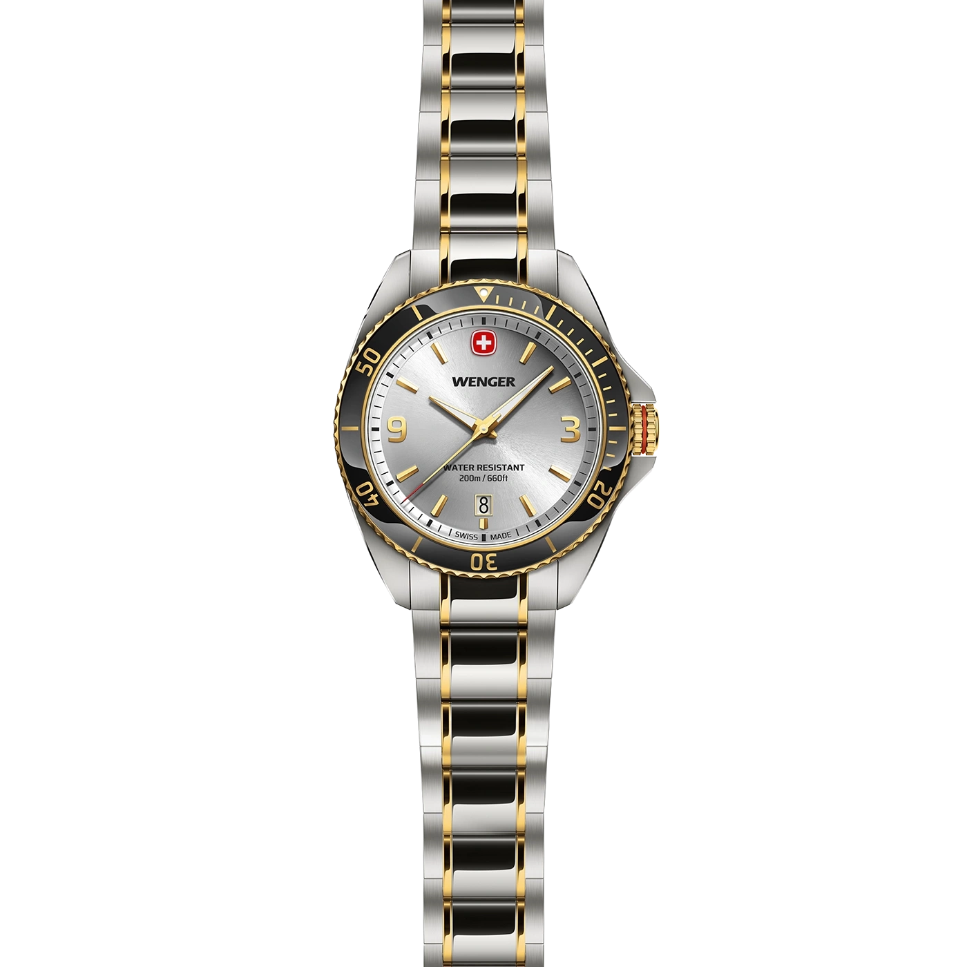 Wenger watch with silver face, gold accents, and water resistance details on the dial.