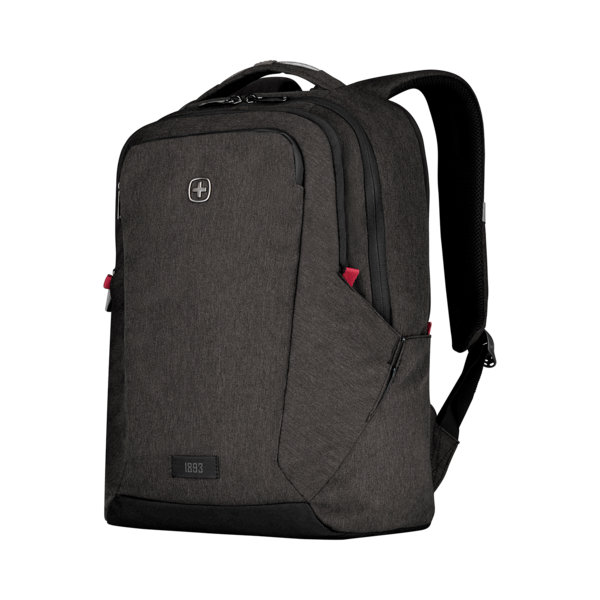 Dark gray backpack with zippers and logo on a black background.