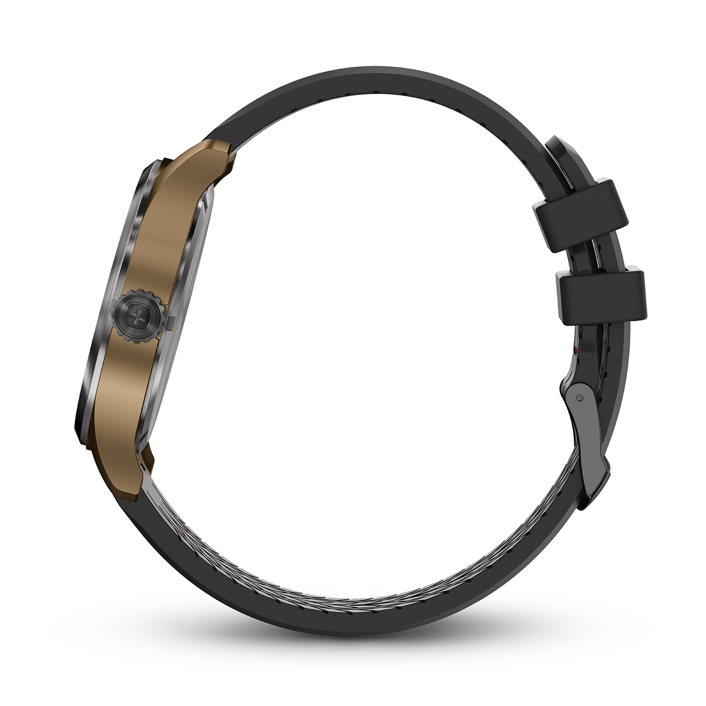 Uhr mit goldenem Gehäuse und schwarzem Armband auf schwarzem Hintergrund