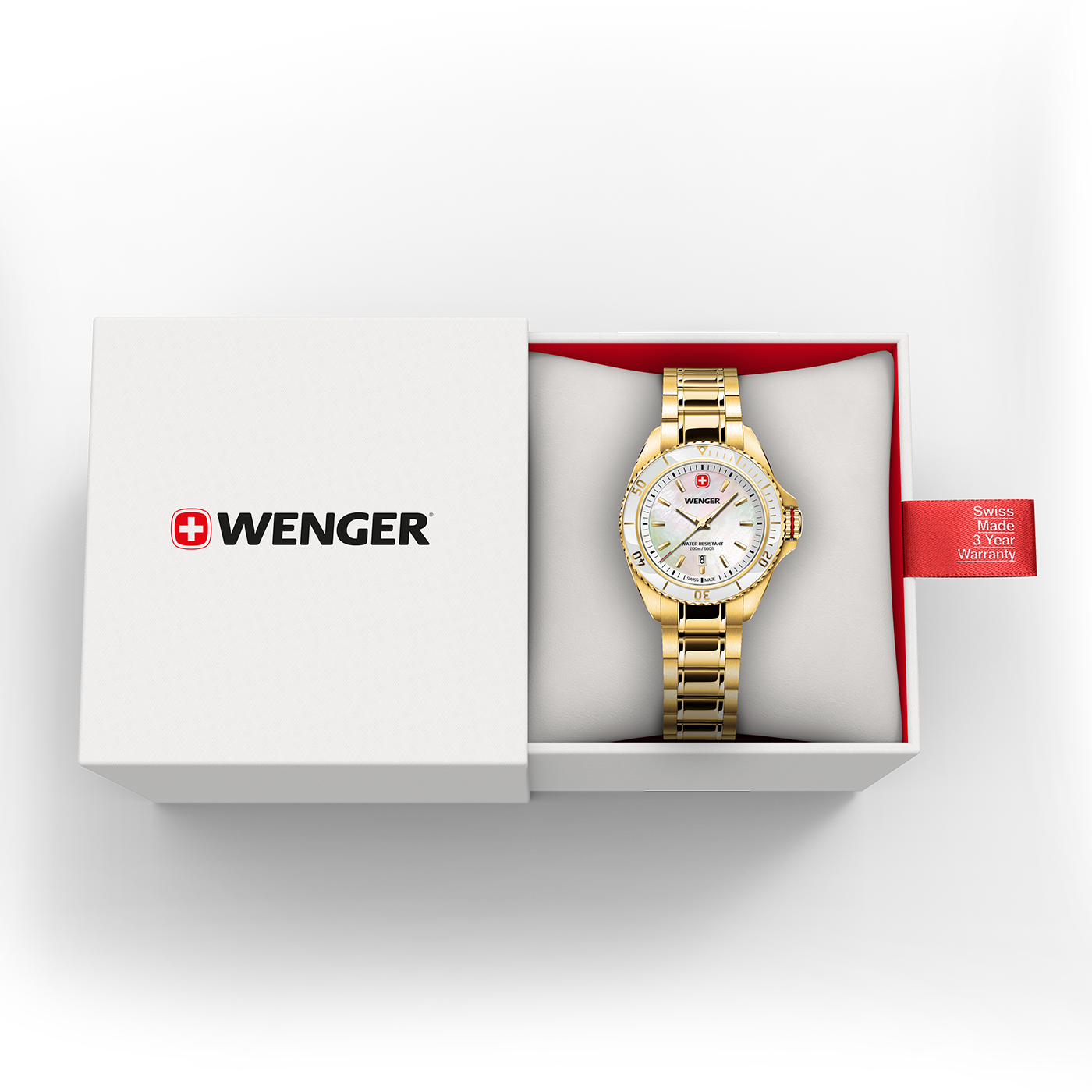 Wenger Damenuhr in Gold mit weißem Zifferblatt, in der Originalverpackung mit Garantie-Etikett.
