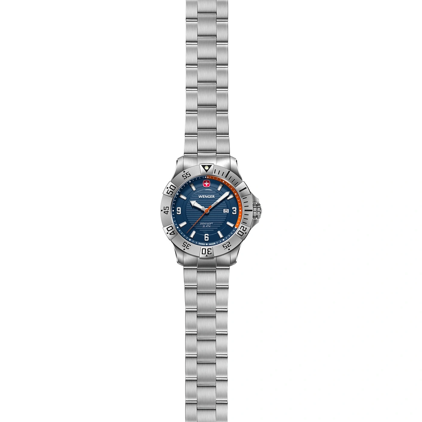 Wenger Uhr mit blauem Zifferblatt und silbernem Armband, Detailaufnahme