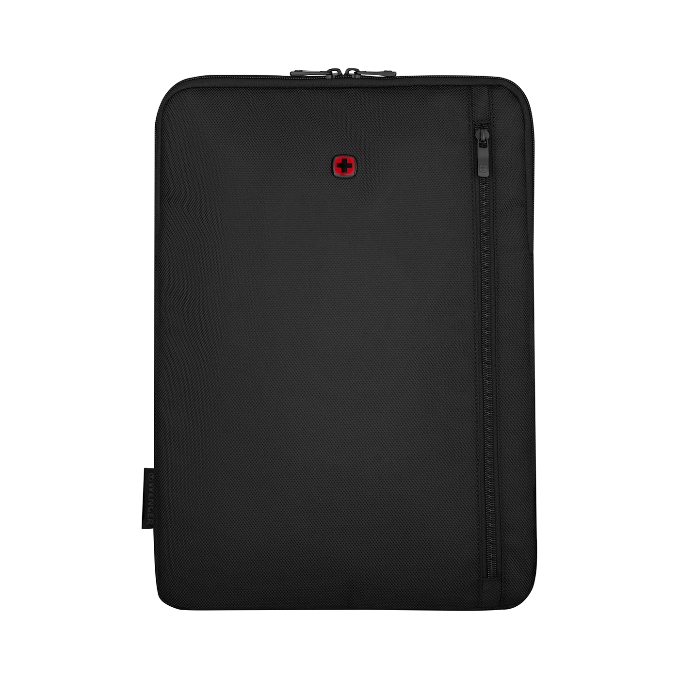 Schwarze Laptoptasche mit Reißverschluss und rotem Kreuz auf schwarzem Hintergrund.