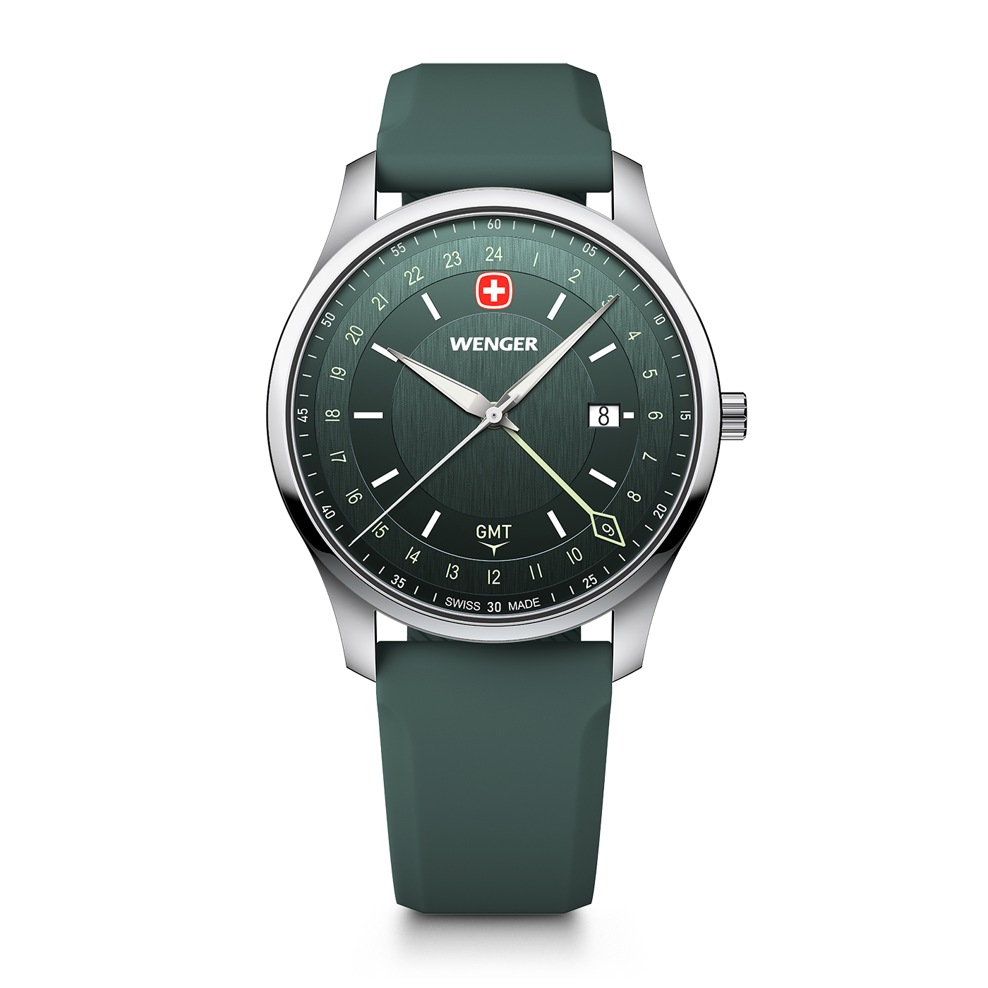 Herrenarmbanduhr von Wenger mit grünem Zifferblatt und GMT-Funktion