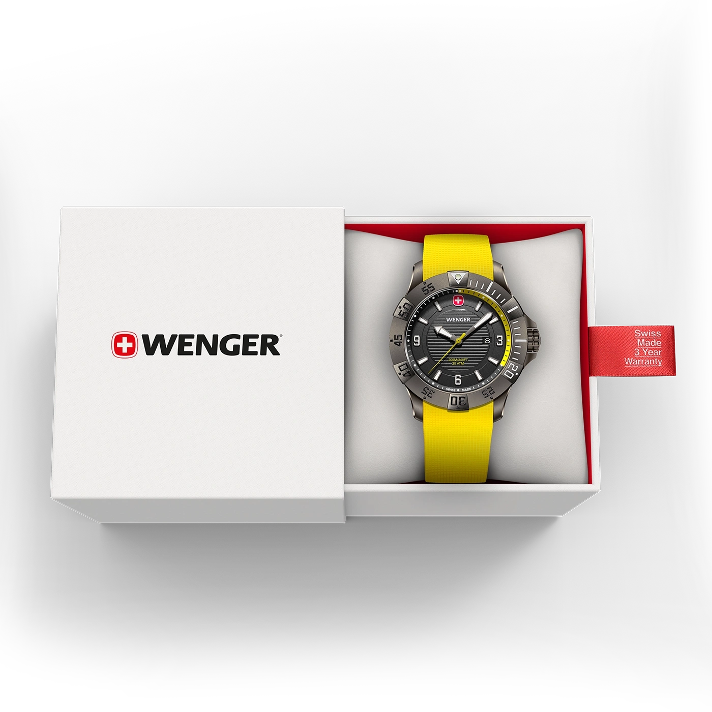 Wenger Uhr in Box mit gelbem Armband und Garantie