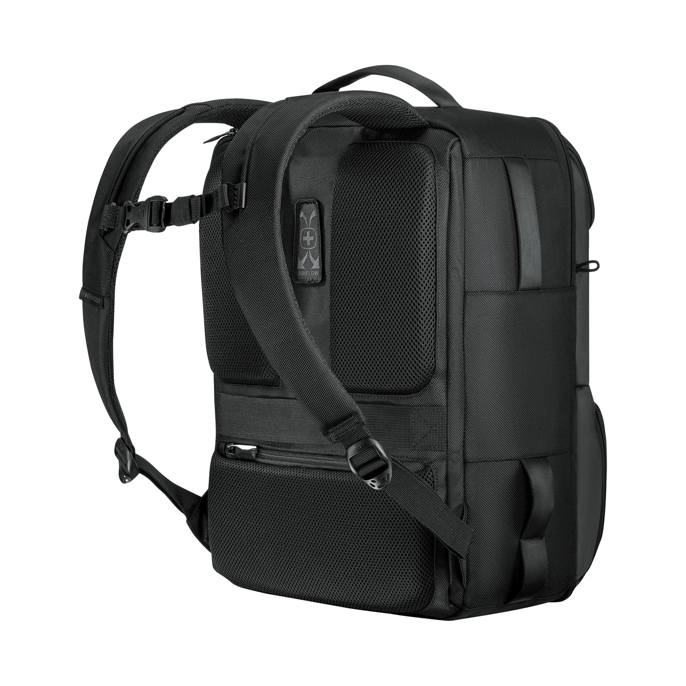 Schwarzer Rucksack von hinten mit Luftstrom-Belüftungssystem