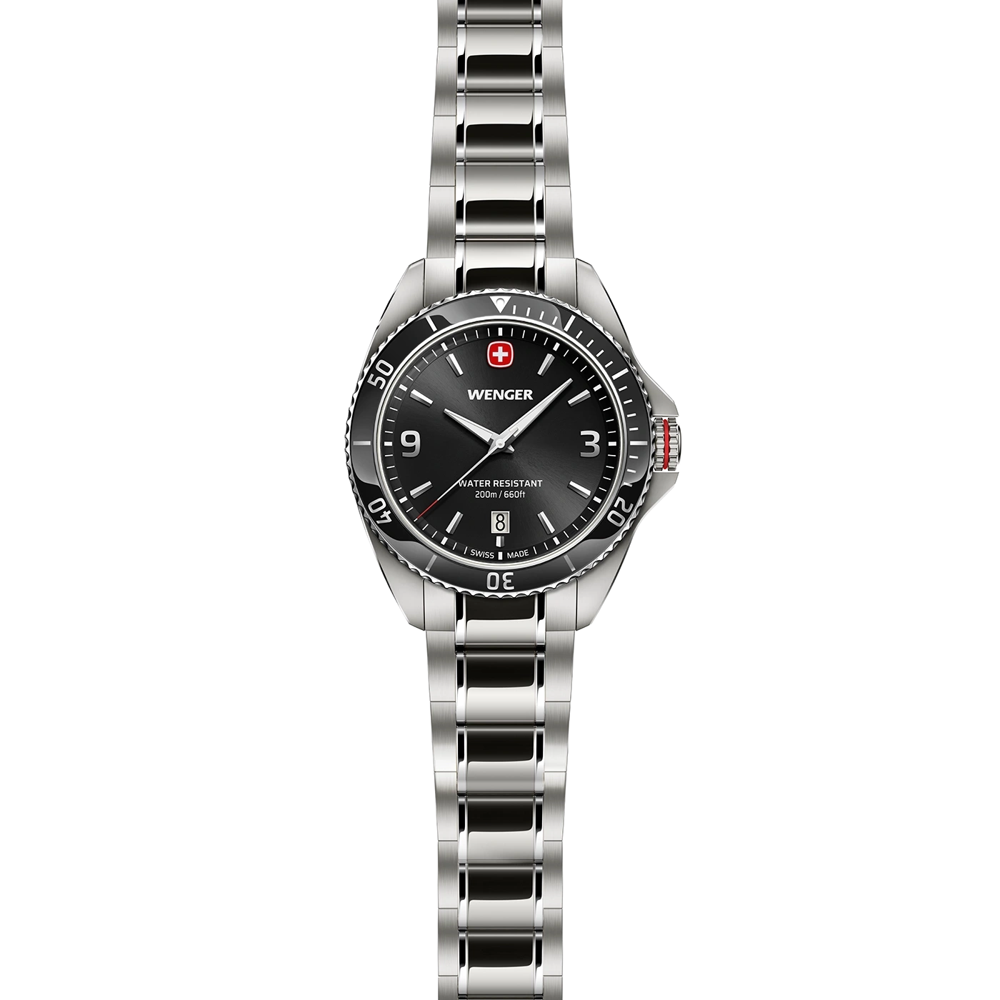 Wenger watch with black dial and silver bracelet, water resistant to 200m.