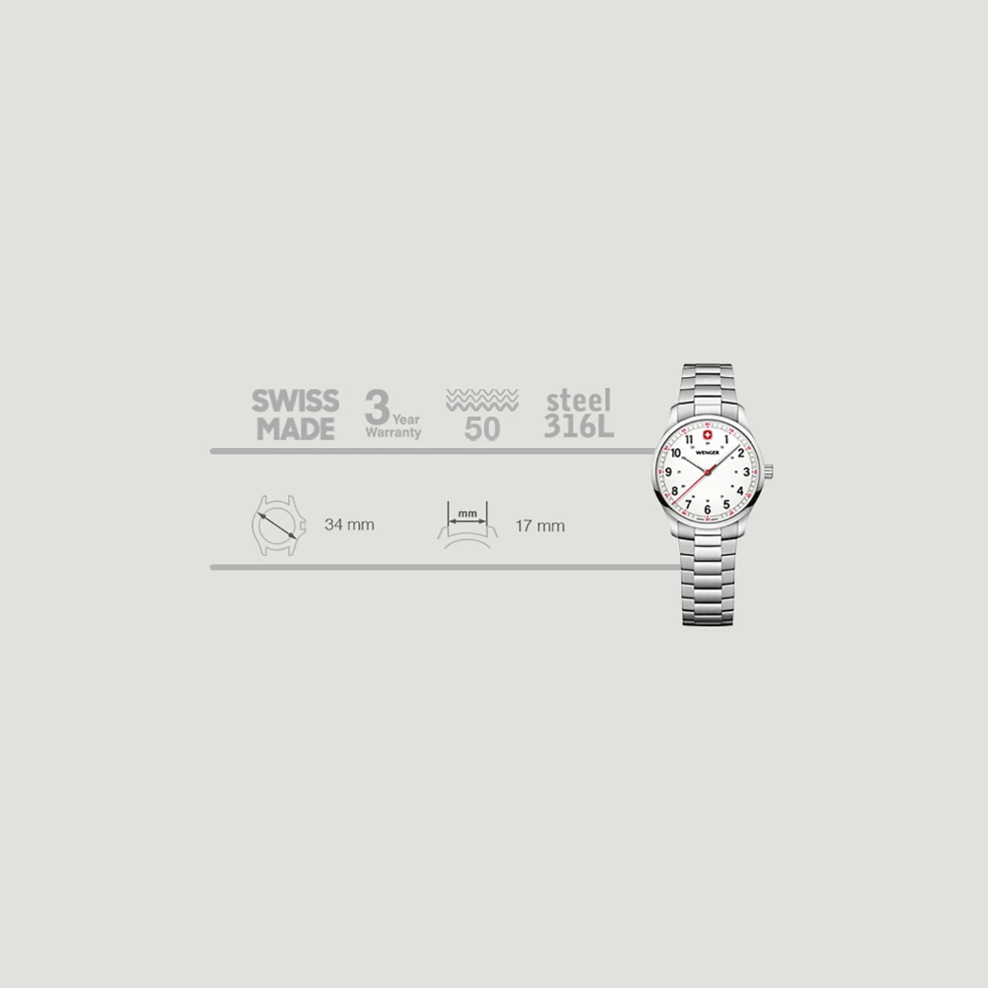 Swiss made watch with steel bracelet, 3 year warranty, 34mm diameter, 17mm width.