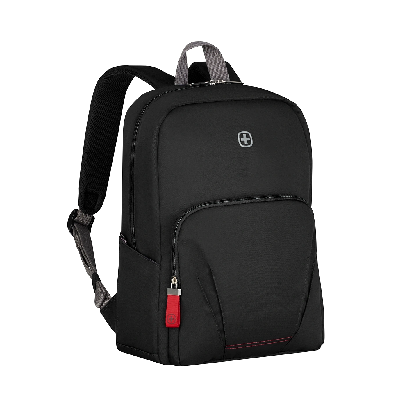 Schwarzer Rucksack mit rotem Reißverschluss und Logo auf schwarzem Hintergrund.