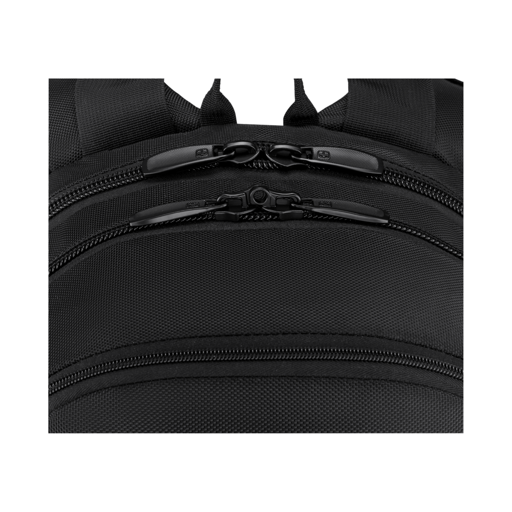 Gros plan d'un sac à dos noir avec deux fermetures éclair et le logo Wenger.