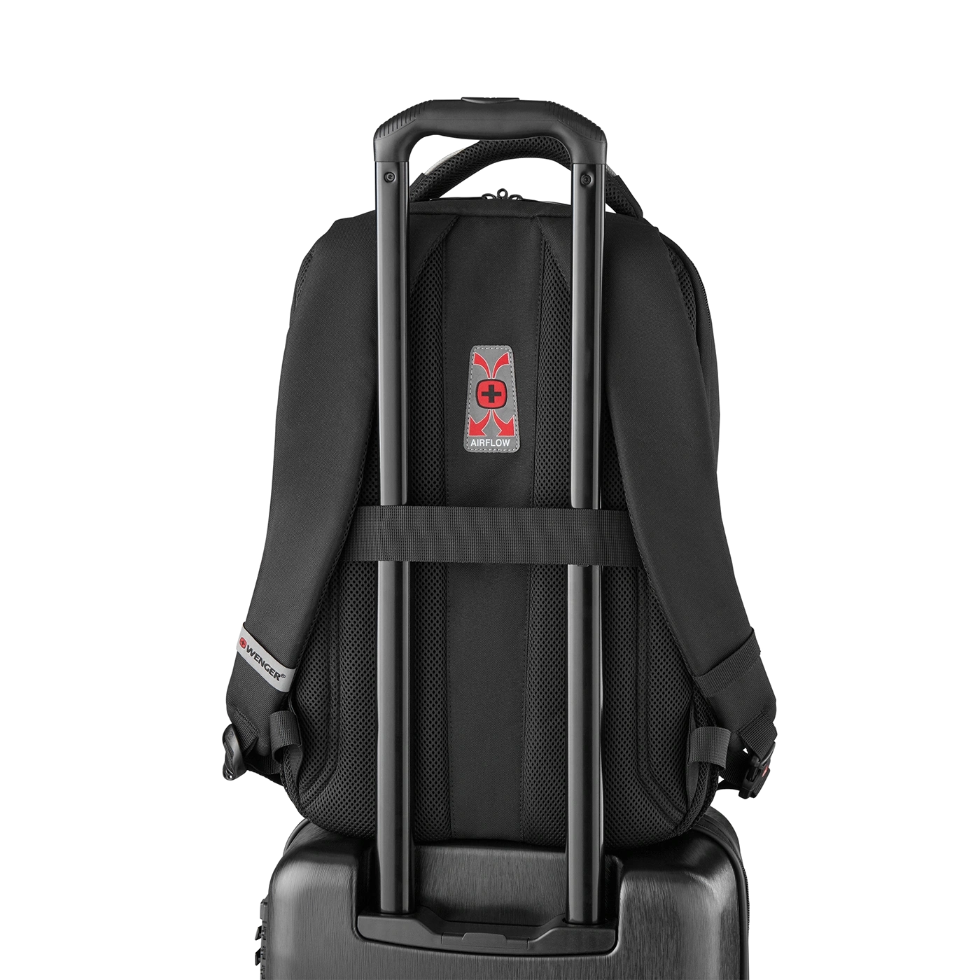 Schwarzer Rucksack mit Rollen und ausziehbarem Griff, Airflow-System.