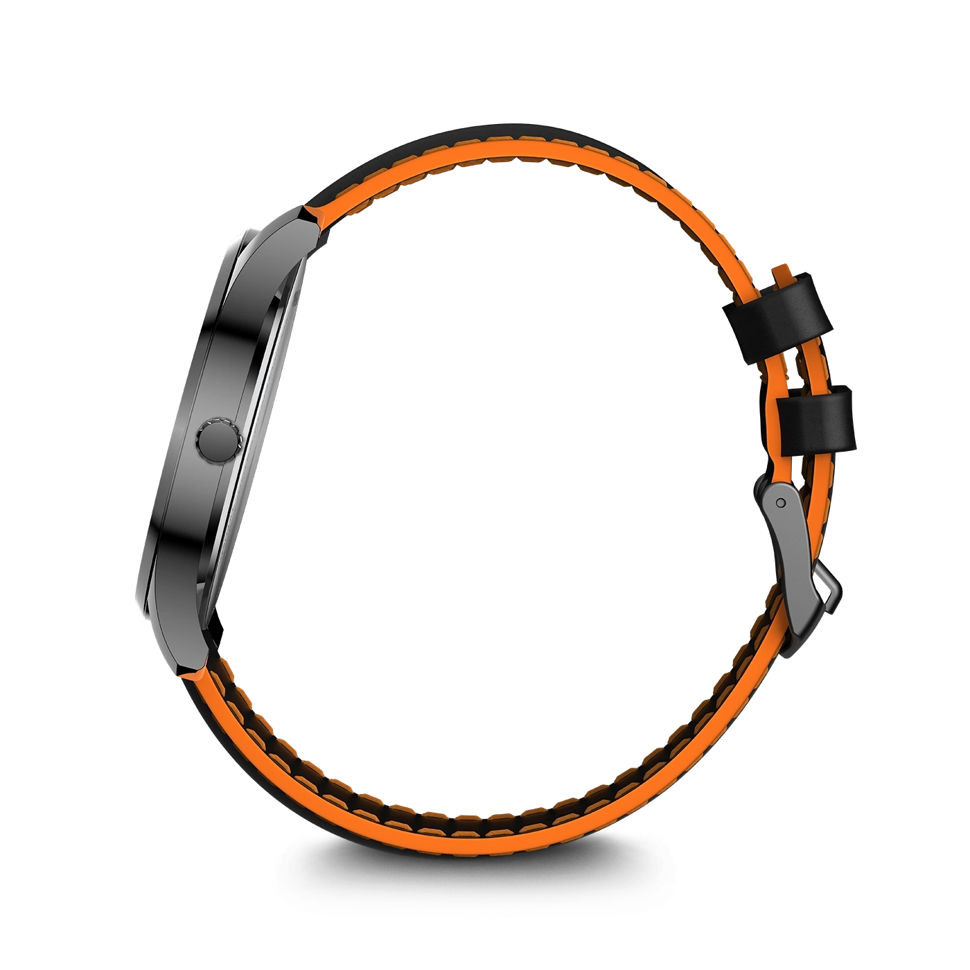 A wristwatch with a black and orange strap and a silver case.
