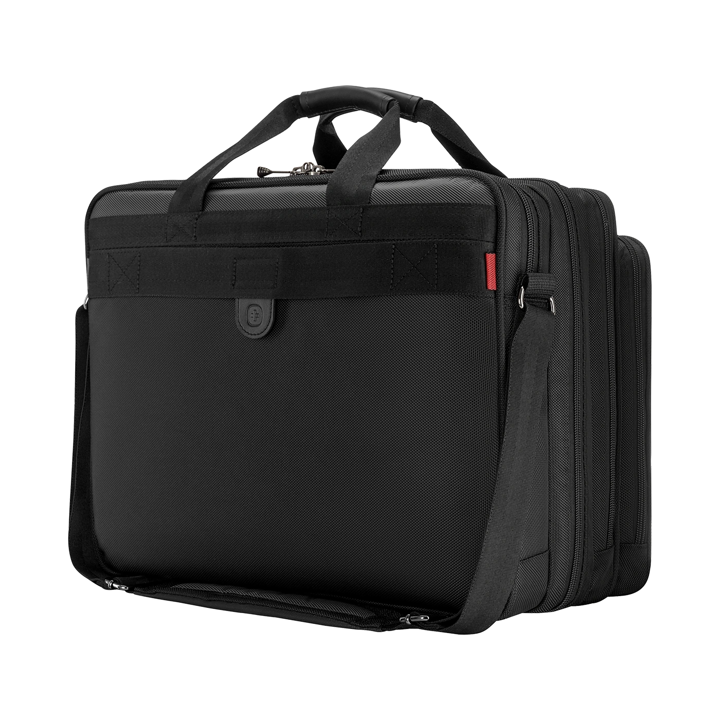 Black briefcase with handles and shoulder strap, business bag, fabric material