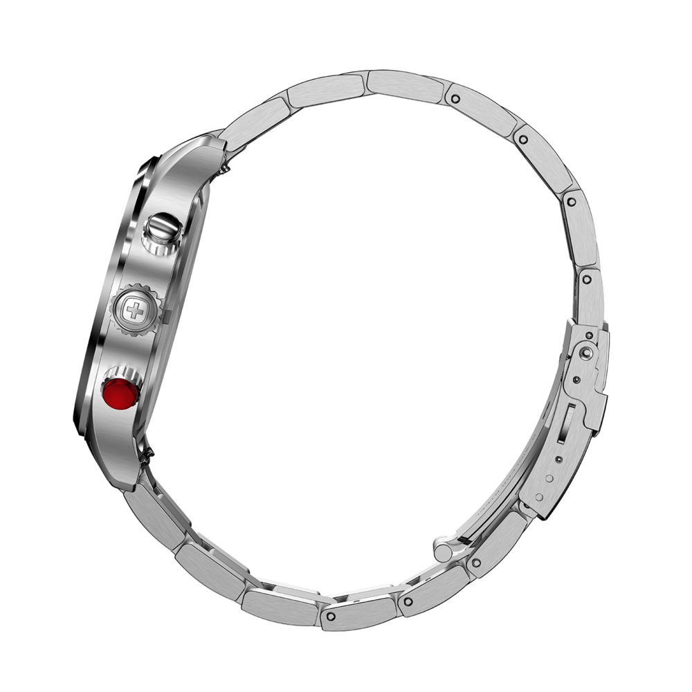 Silver watch with bracelet, side view, close-up, isolated on white background