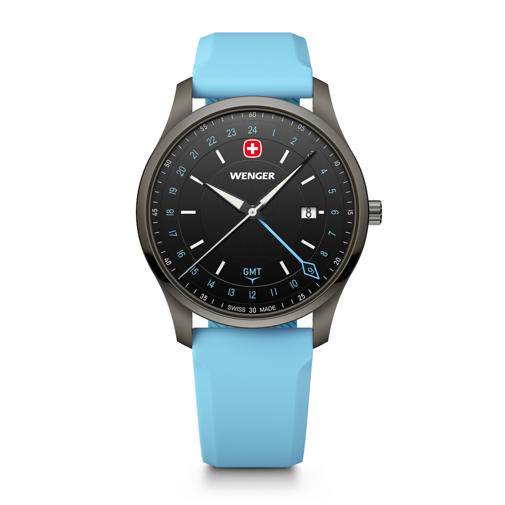 Eine hellblaue Armbanduhr von Wenger mit schwarzem Zifferblatt und GMT-Funktion.