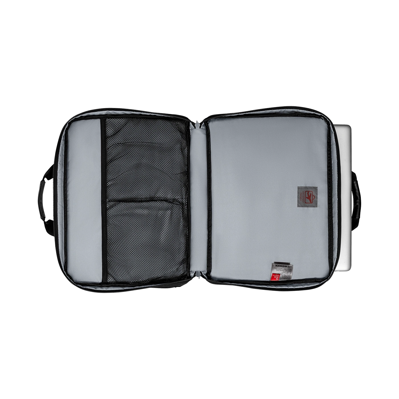 Offene Laptoptasche mit grauem Innenraum und schwarzem Netzfach