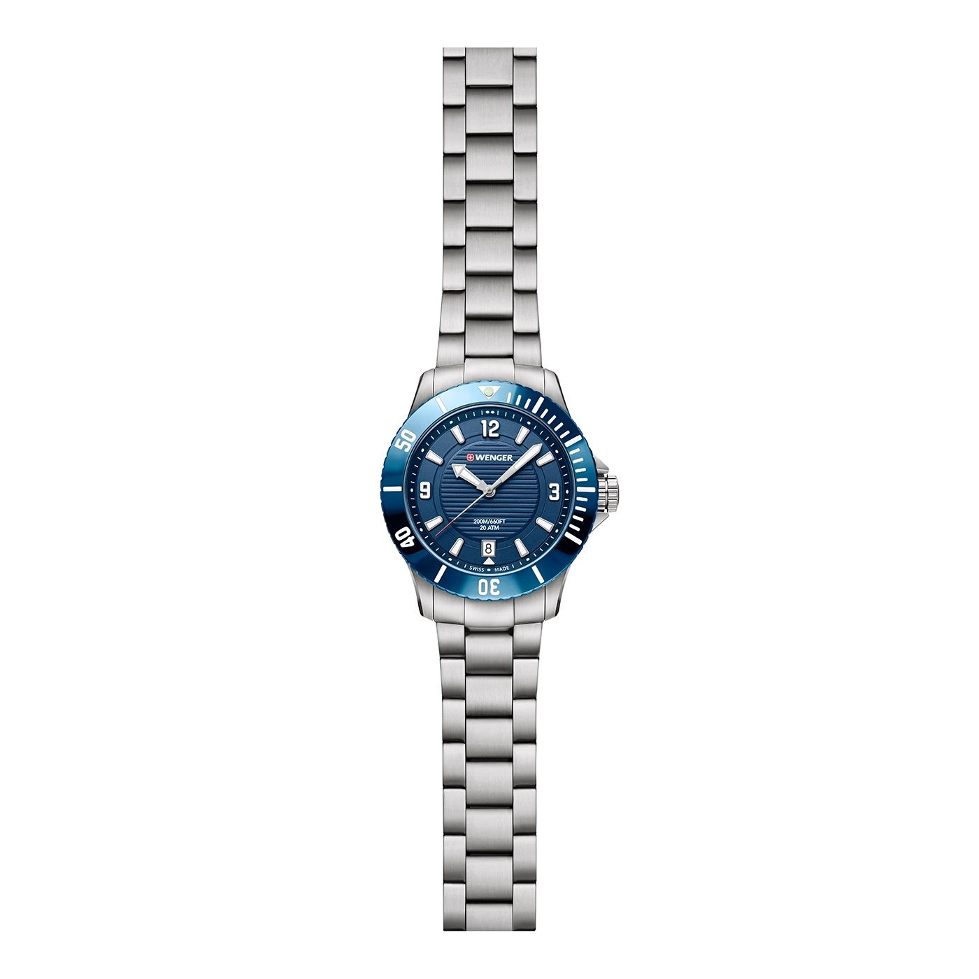 Wenger Uhr mit blauem Zifferblatt und silbernem Armband, Detailaufnahme