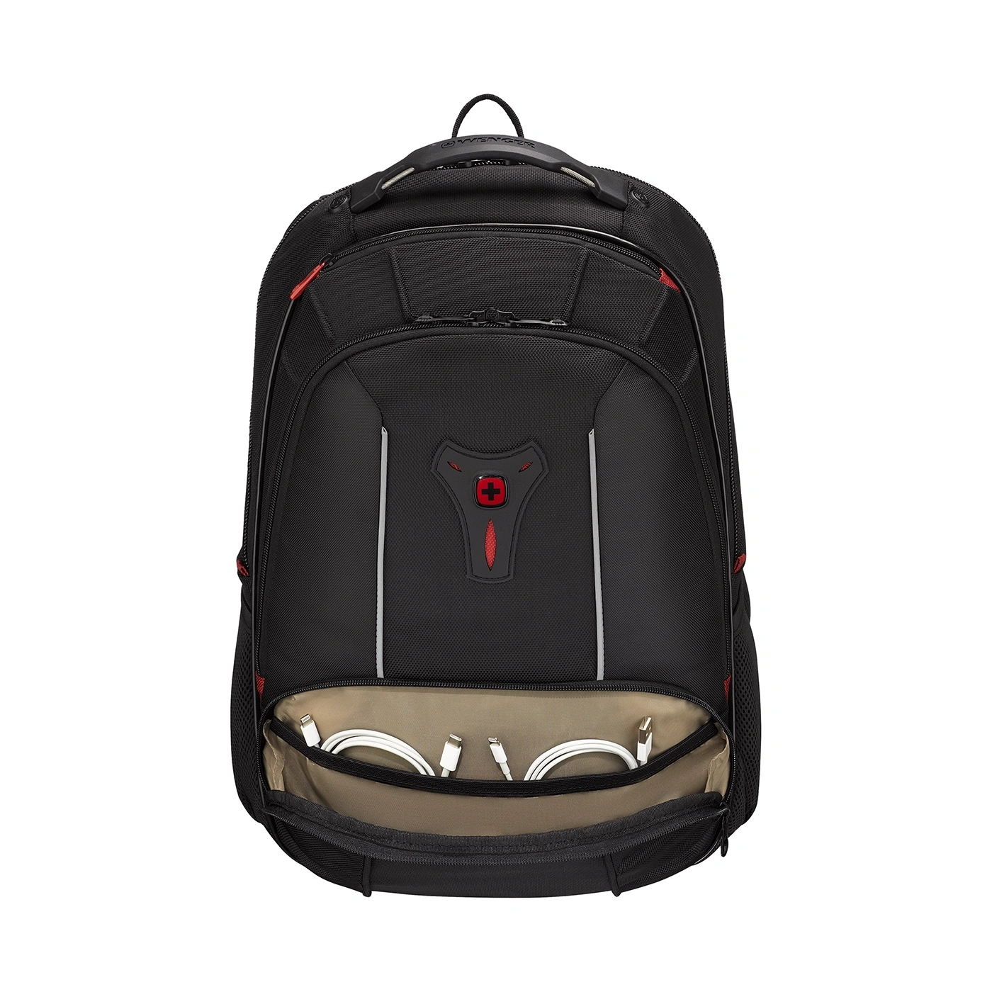 Schwarzer Rucksack mit rotem Akzent und weißem Kabel in der Tasche.