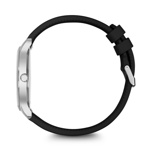 Uhr mit schwarzem Armband, Seitenansicht, silbernes Gehäuse, schwarzer Hintergrund