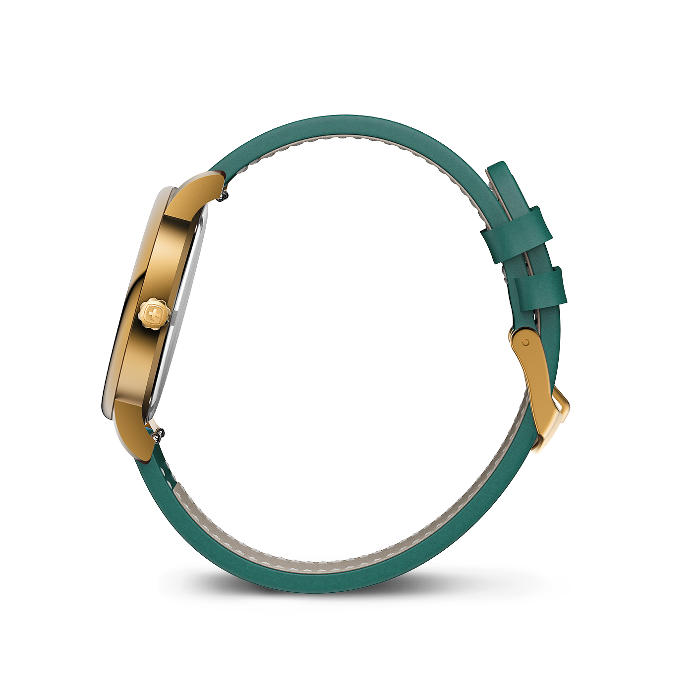 Eine goldene Uhr mit einem grünen Lederarmband.