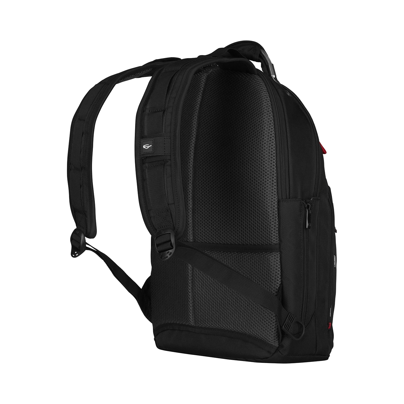 Black backpack with padded back and shoulder straps, side view, isolated on black