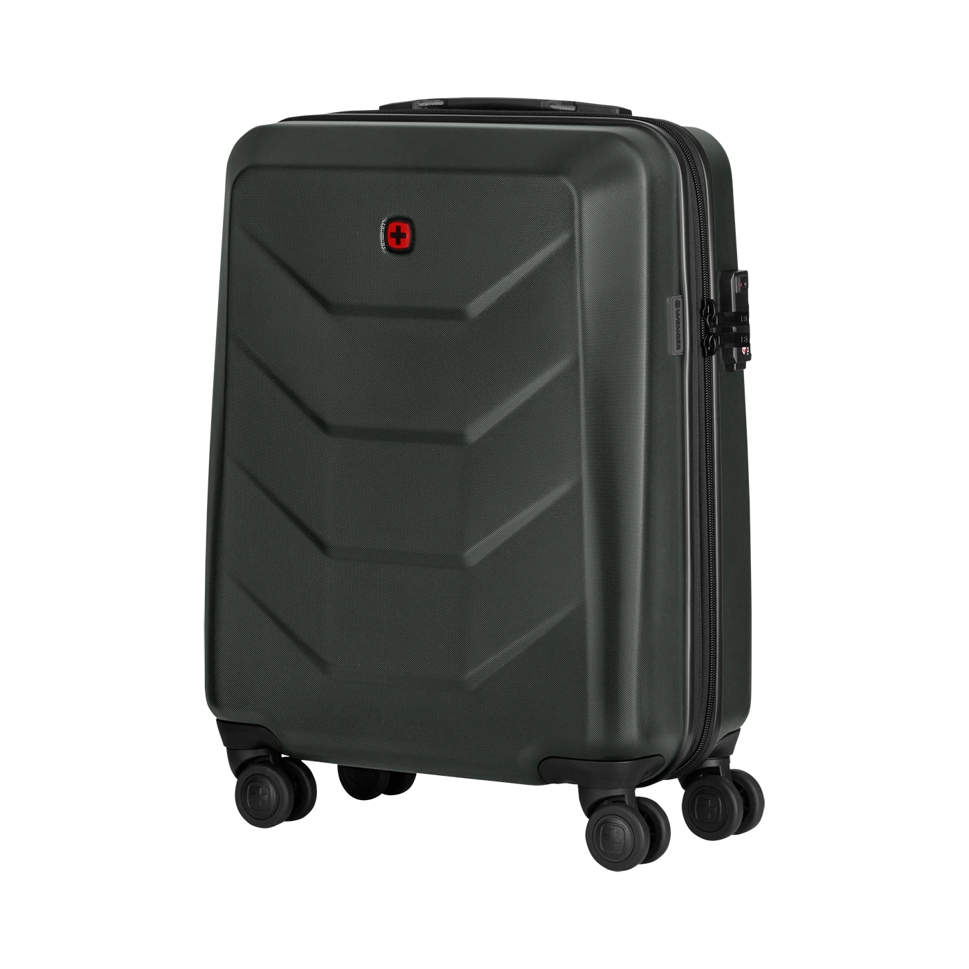 Dark green suitcase with red cross and four wheels, by Wenger.