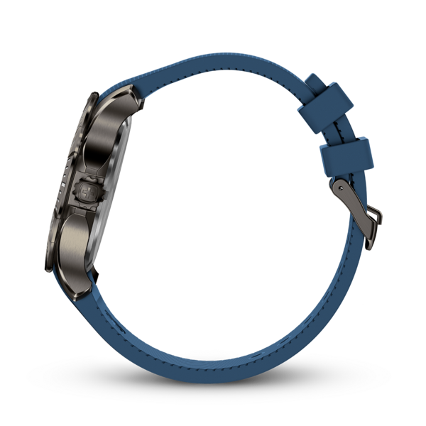 Blaue Uhr mit blauem Armband, Seitenansicht, Detailaufnahme, modernes Design