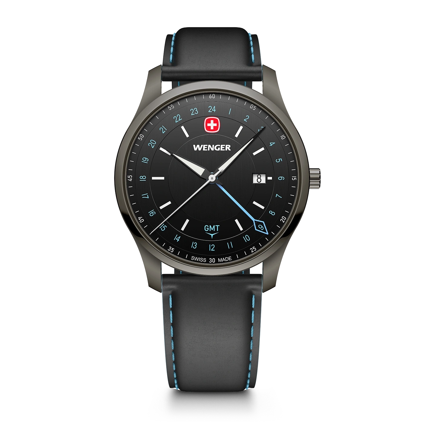 Herrenuhr schwarz-schwarz Ø 42 mm Quarzuhr mit GMT-Funktion, hergestellt in der Schweiz