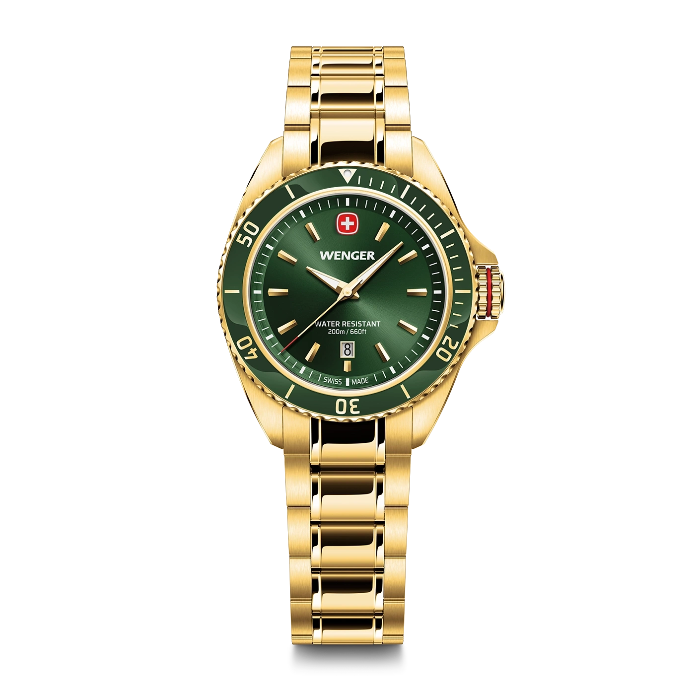 Montre Wenger dorée avec cadran vert et affichage de la date