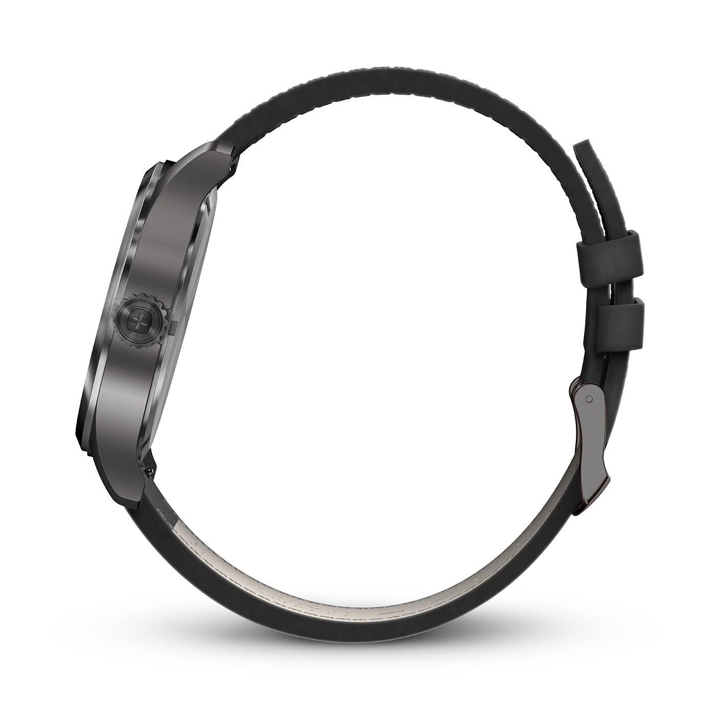 Uhr mit schwarzem Armband, Seitenansicht, auf schwarzem Hintergrund, Detailaufnahme