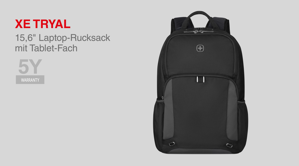 Schwarzer Rucksack mit Tablet-Fach und 5 Jahren Garantie. XE TRYAL.