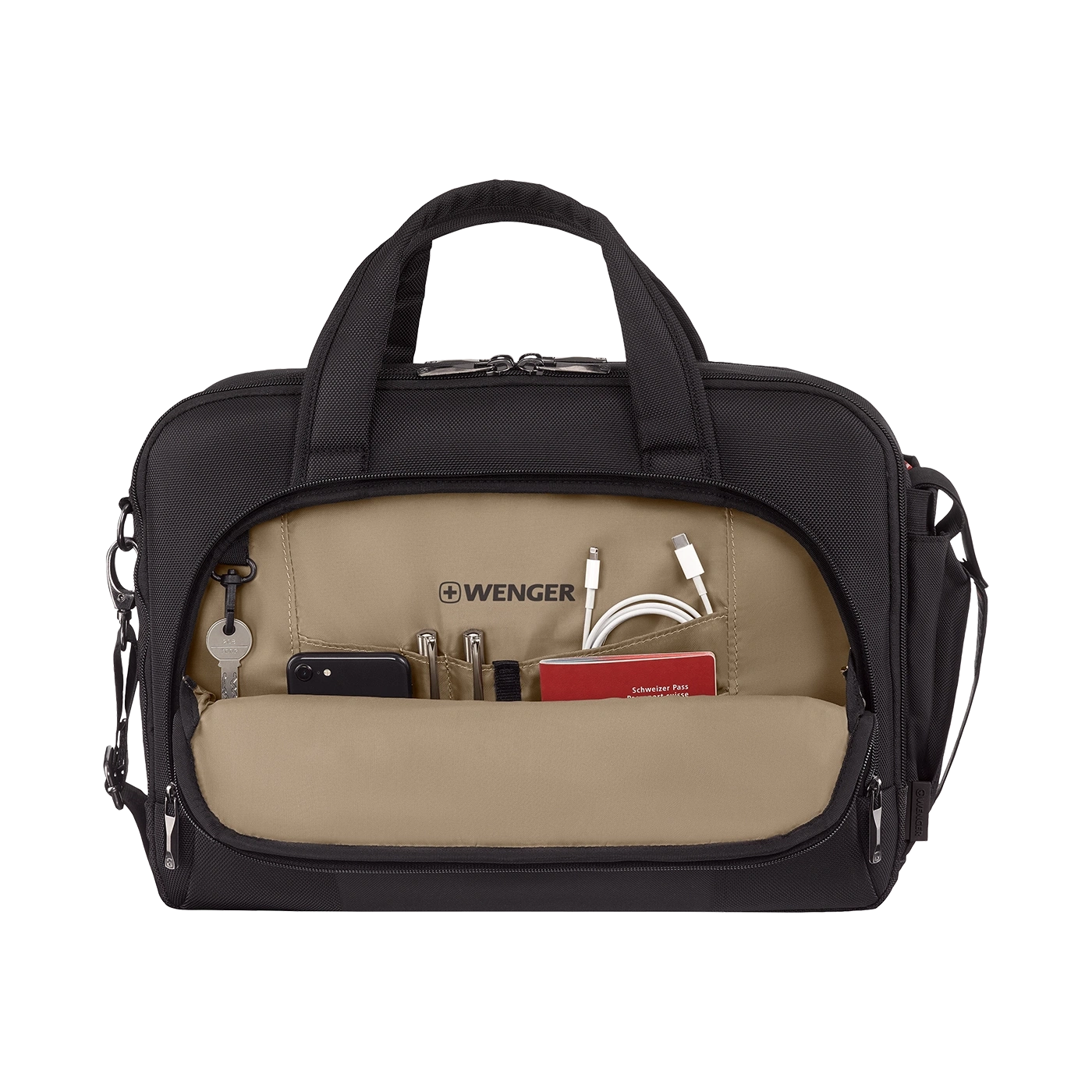 Schwarze Wenger-Tasche mit geöffneten Fächern, Zubehör und Logo.