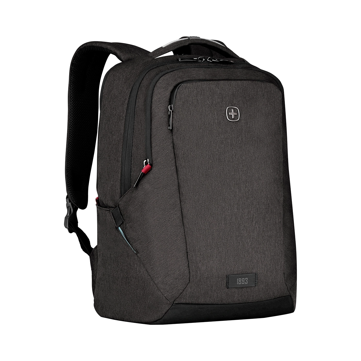 Schwarzer Rucksack mit Reißverschlüssen und Logo auf schwarzem Hintergrund.
